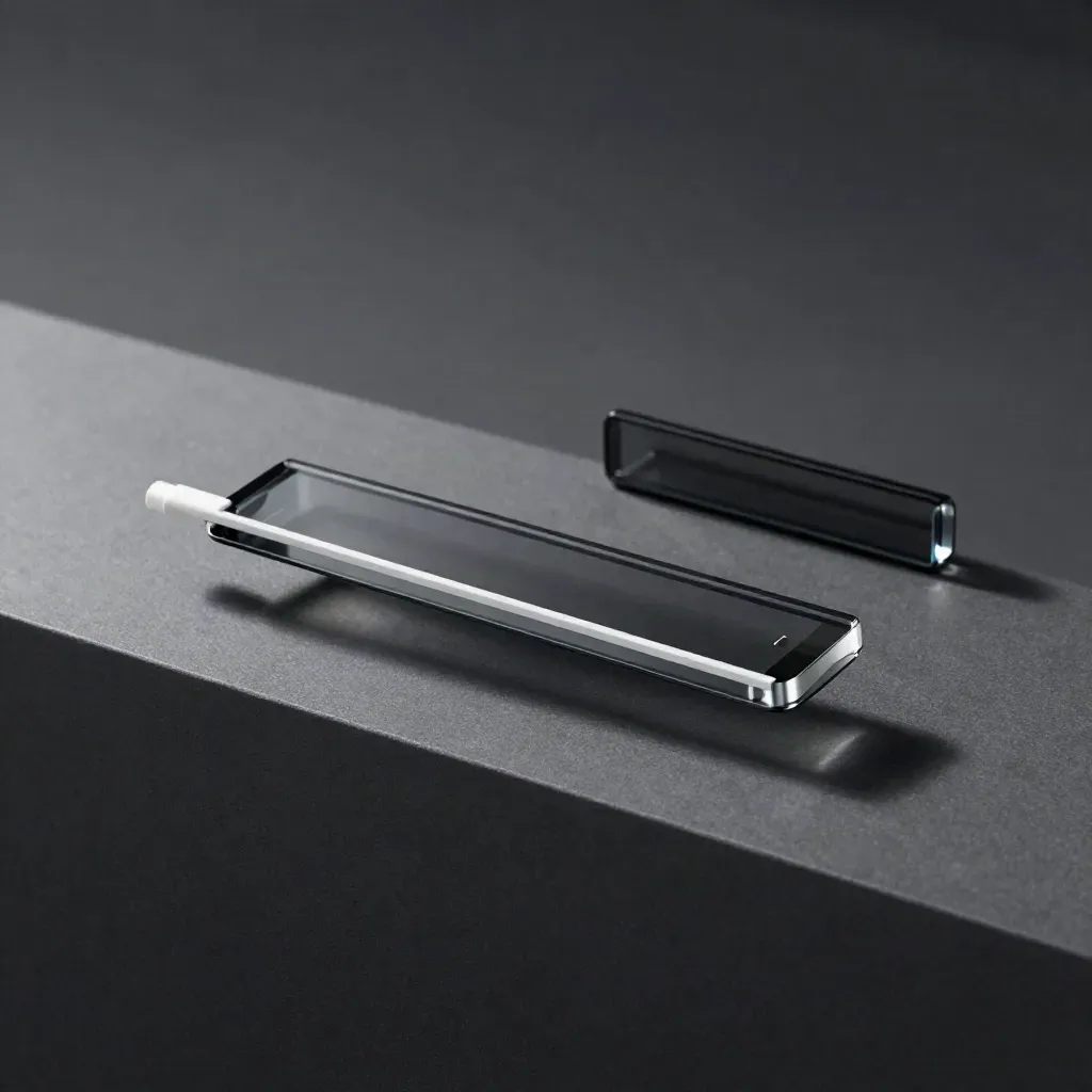 Floating smoked-glass analytics product with a tracking beam and companion puck on charcoal.