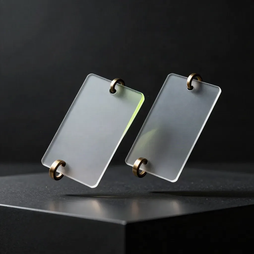 Two translucent split cards suspended by metal rings in a dark studio with a lime glint.