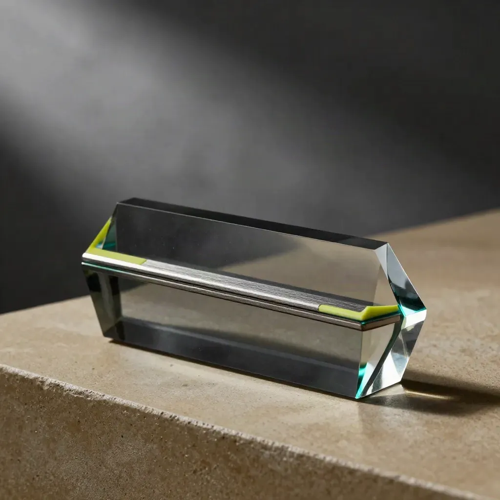Smoked acrylic prism with lime seam and brushed-metal bridge in dramatic macro light
