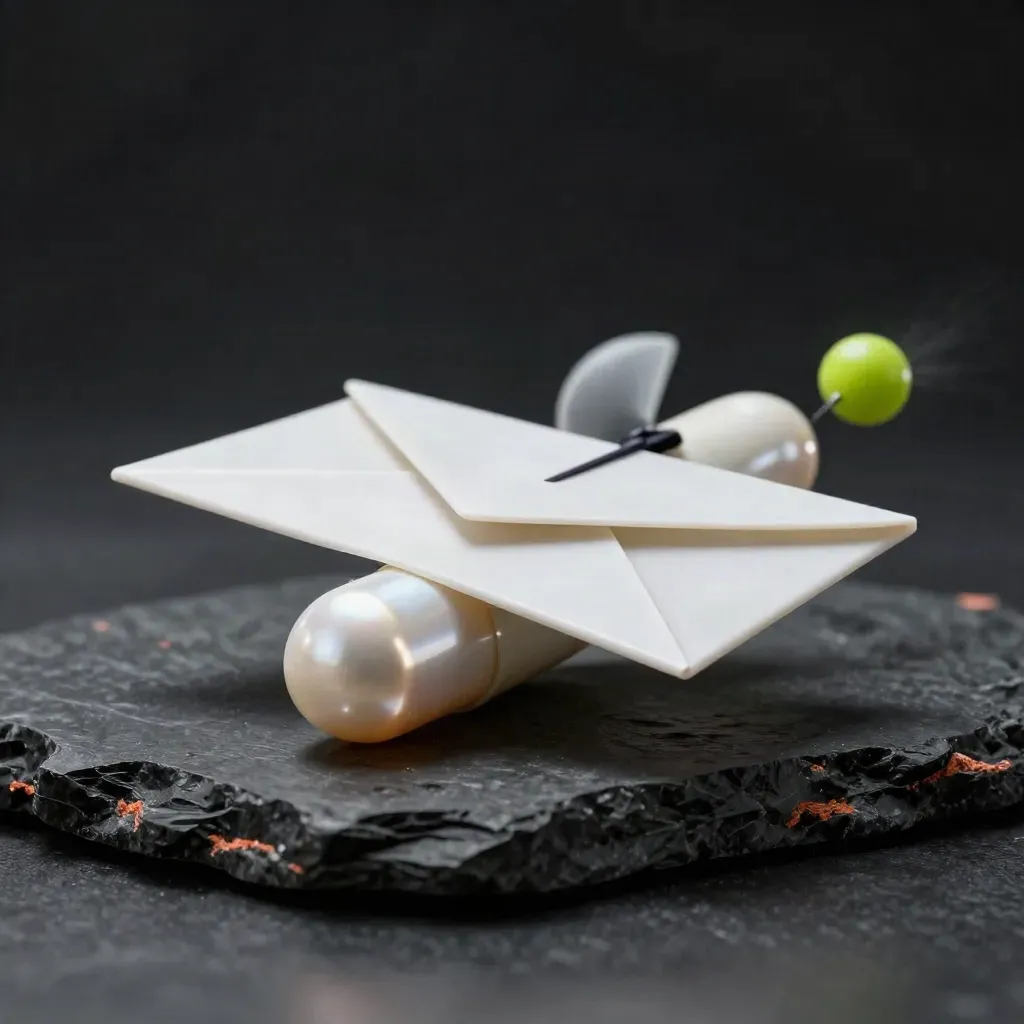 Pearl-white capsule for abandoned cart emails with flared fins on black stone, lit dramatically.