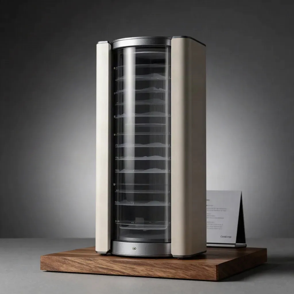 Graphite glass analytics tower with two side modules on walnut, softly lit in studio